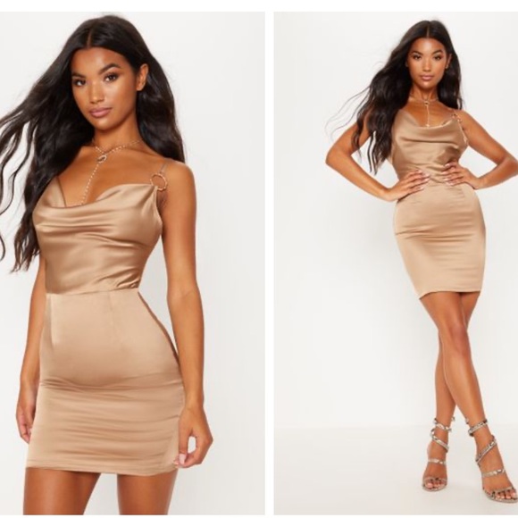 champagne satin dress pretty little thing